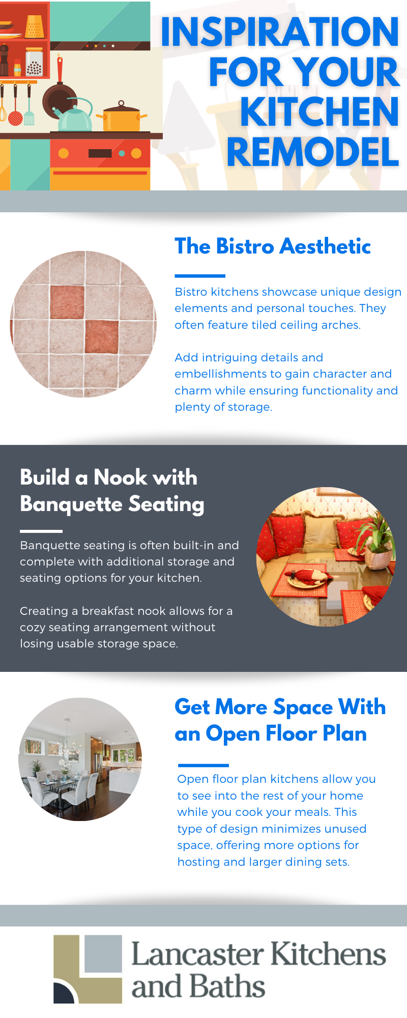 Infographic showing three different design ideas for a kitchen renovation