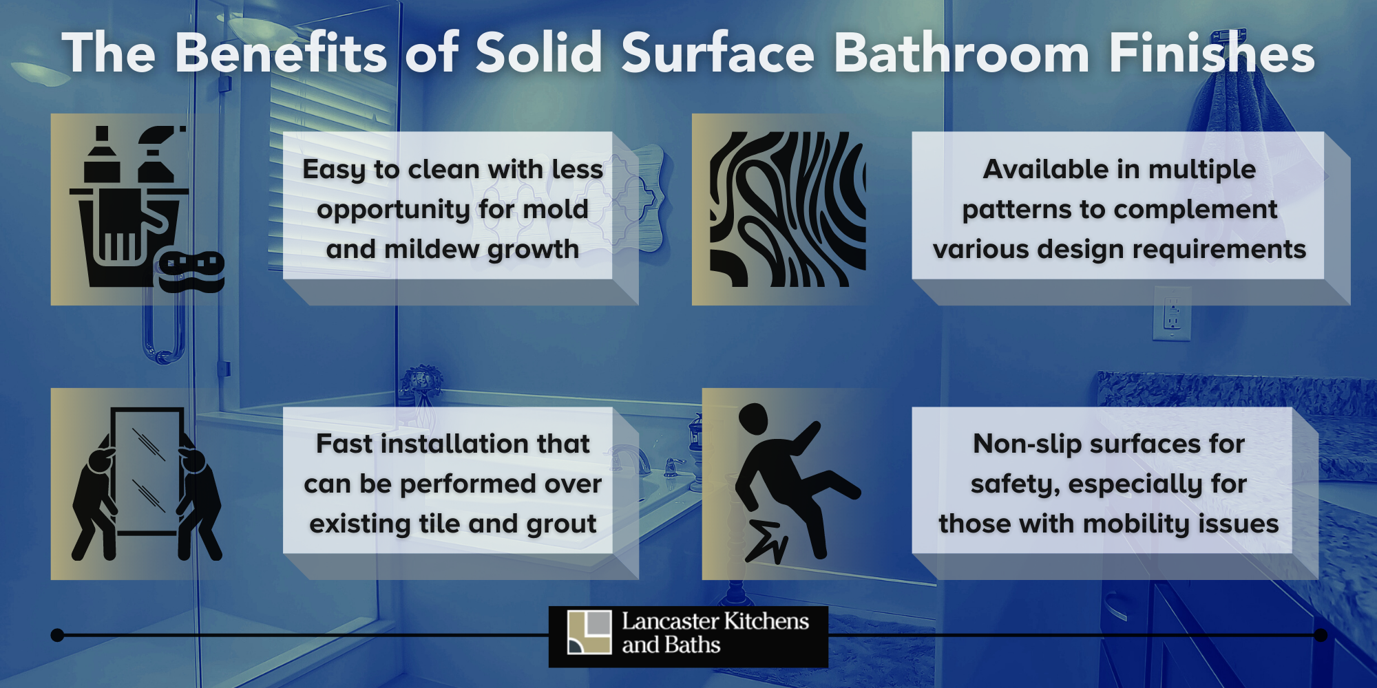 An infographic displaying the benefits of solid surface finishes in bathrooms