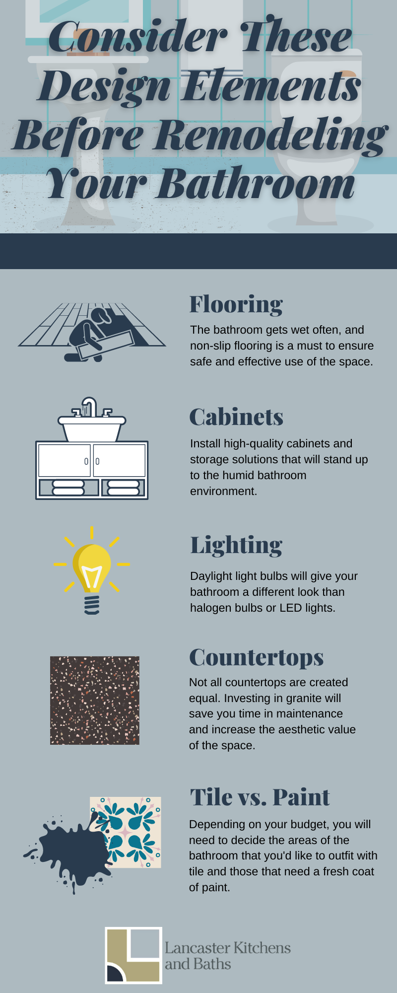 An infographic showing five key design elements one needs to consider before remodeling their bathroom