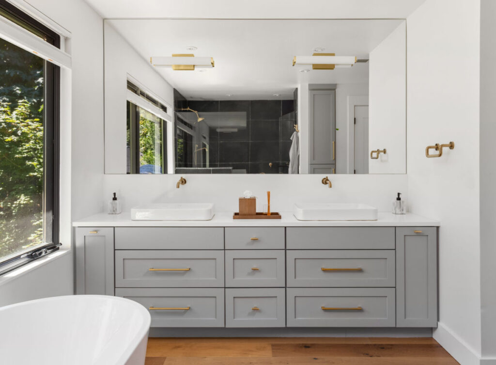Gray bathroom vanity with double sinks