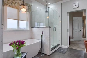 A modern bathroom featuring a grout-free solid surface shower wall system in Landisville PA, demonstrating a seamless and mold-resistant design.