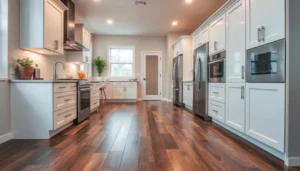 Expert kitchen flooring installation of waterproof luxury vinyl plank for a functional and stylish family kitchen