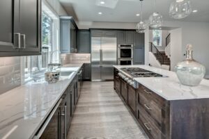 A modern kitchen interior showcasing premium stone surfaces from the kitchen countertops in Lancaster PA guide, featuring durable granite and quartz options