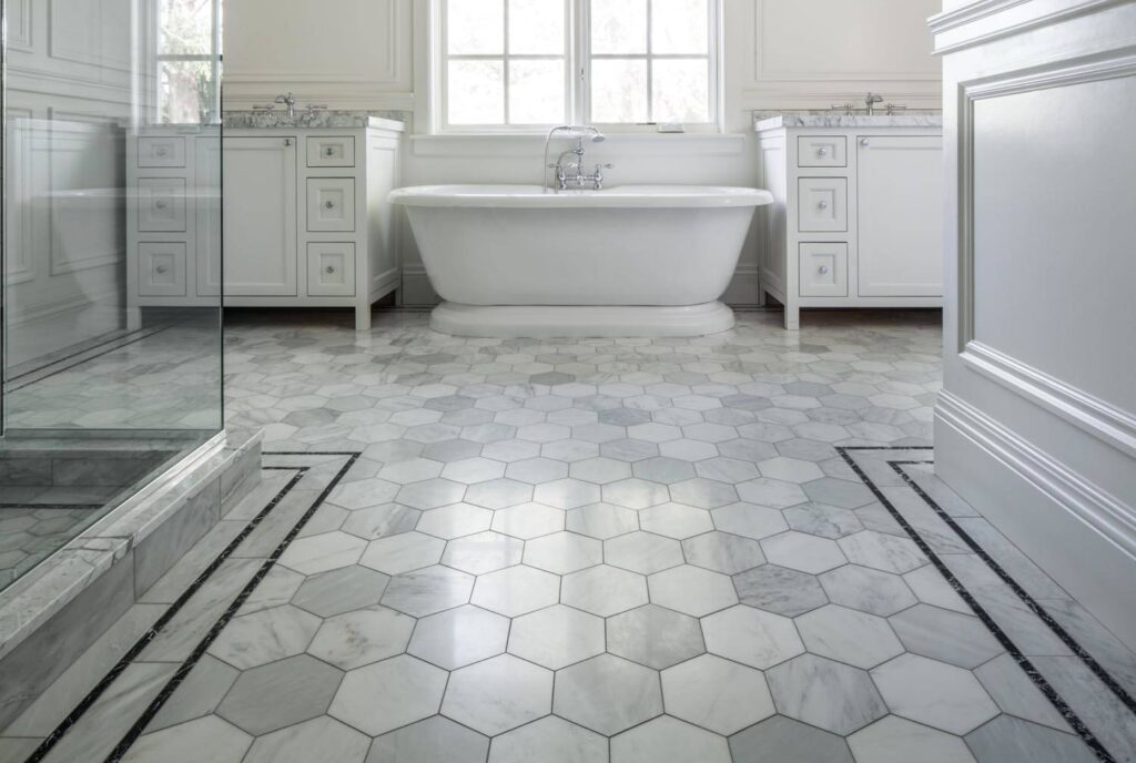 Expert bathroom flooring installation of waterproof porcelain tile designed for moisture resistance and longevity.