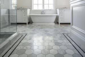 Expert bathroom flooring installation of waterproof porcelain tile designed for moisture resistance and longevity.
