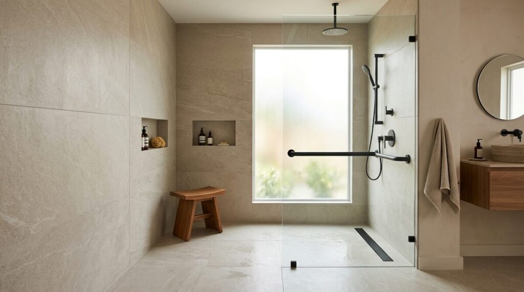 Modern accessible walk-in shower: zero-threshold entry, linear drain, matte black grab bars detailed as intentional...