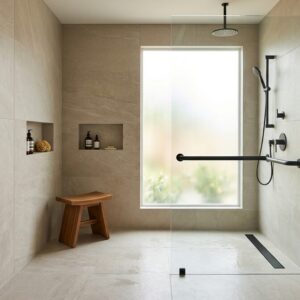 Modern accessible walk-in shower: zero-threshold entry, linear drain, matte black grab bars detailed as intentional...