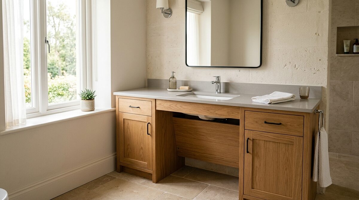 Comfort-height vanity with an open, roll-under section and lever tap, warm oak cabinetry against pale stone