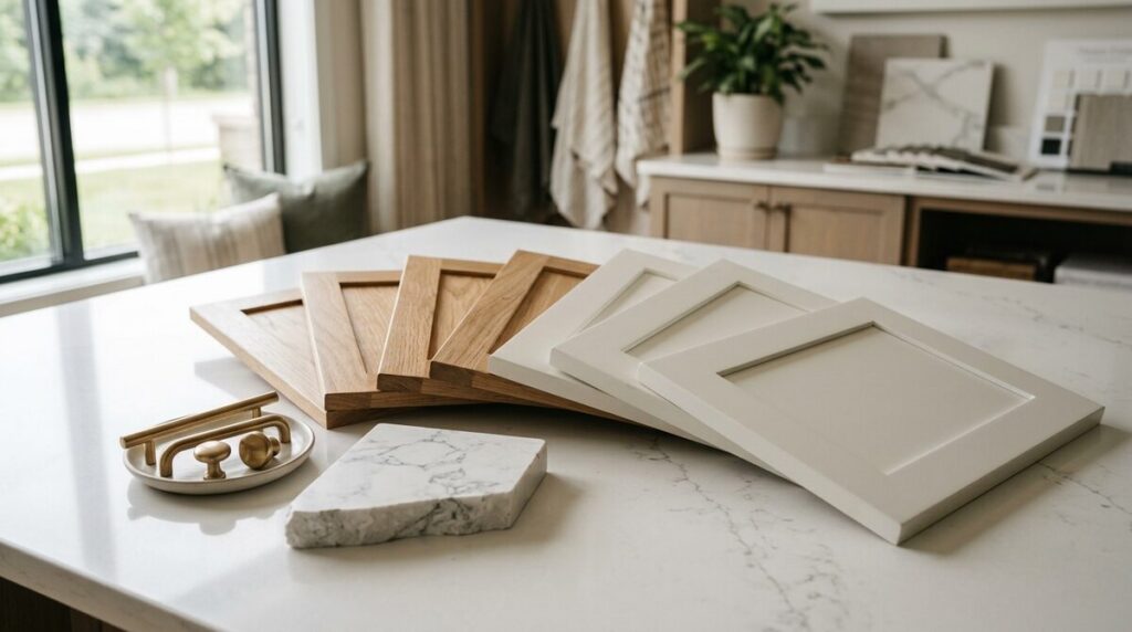 Shaker cabinet door samples fanned across a showroom counter beside a quartz vanity offcut and brushed brass hardware