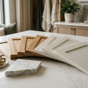 Shaker cabinet door samples fanned across a showroom counter beside a quartz vanity offcut and brushed brass hardware
