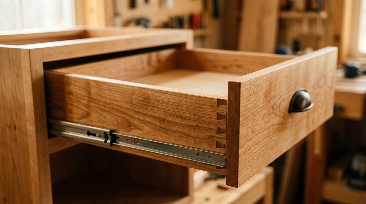 Close crop of a dovetailed drawer box pulled open on soft-close runners, solid maple construction visible