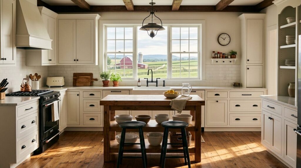 Renovated farmhouse kitchen: white cabinetry, butcher-block island, black hardware, and Lancaster County farmland visible...