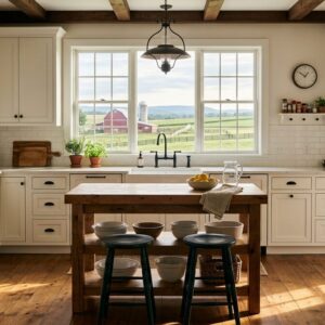Renovated farmhouse kitchen: white cabinetry, butcher-block island, black hardware, and Lancaster County farmland visible...