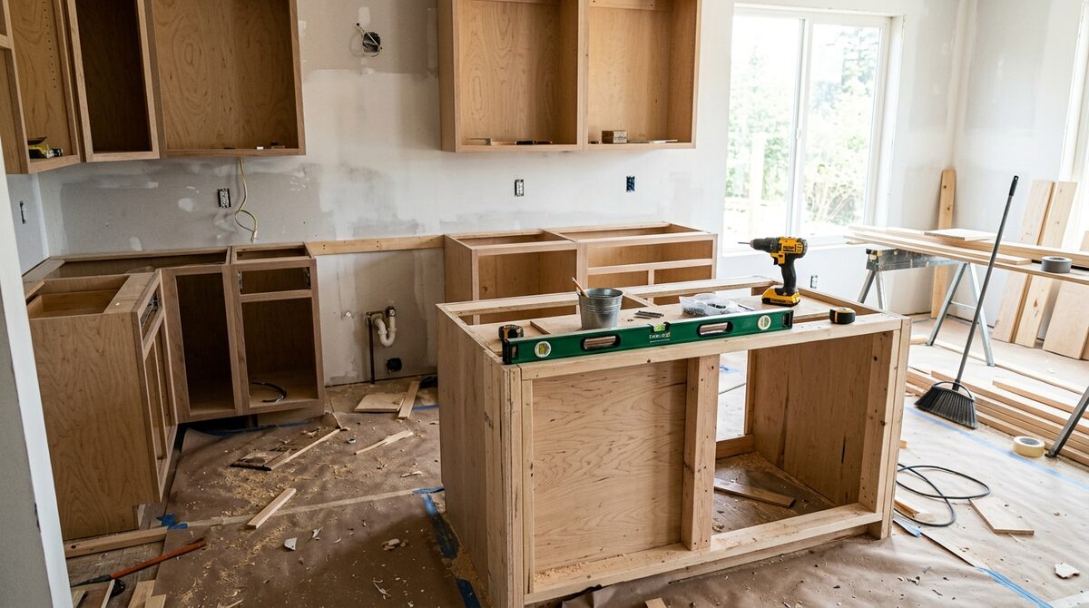 Kitchen mid-renovation: new cabinet boxes set in place but unfitted, protective paper on the floor, a level resting on...
